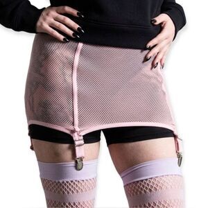 Killstar Heartbeats Pink Fishnet Mini Skirt - Suspender Garter Clips - Large NWT